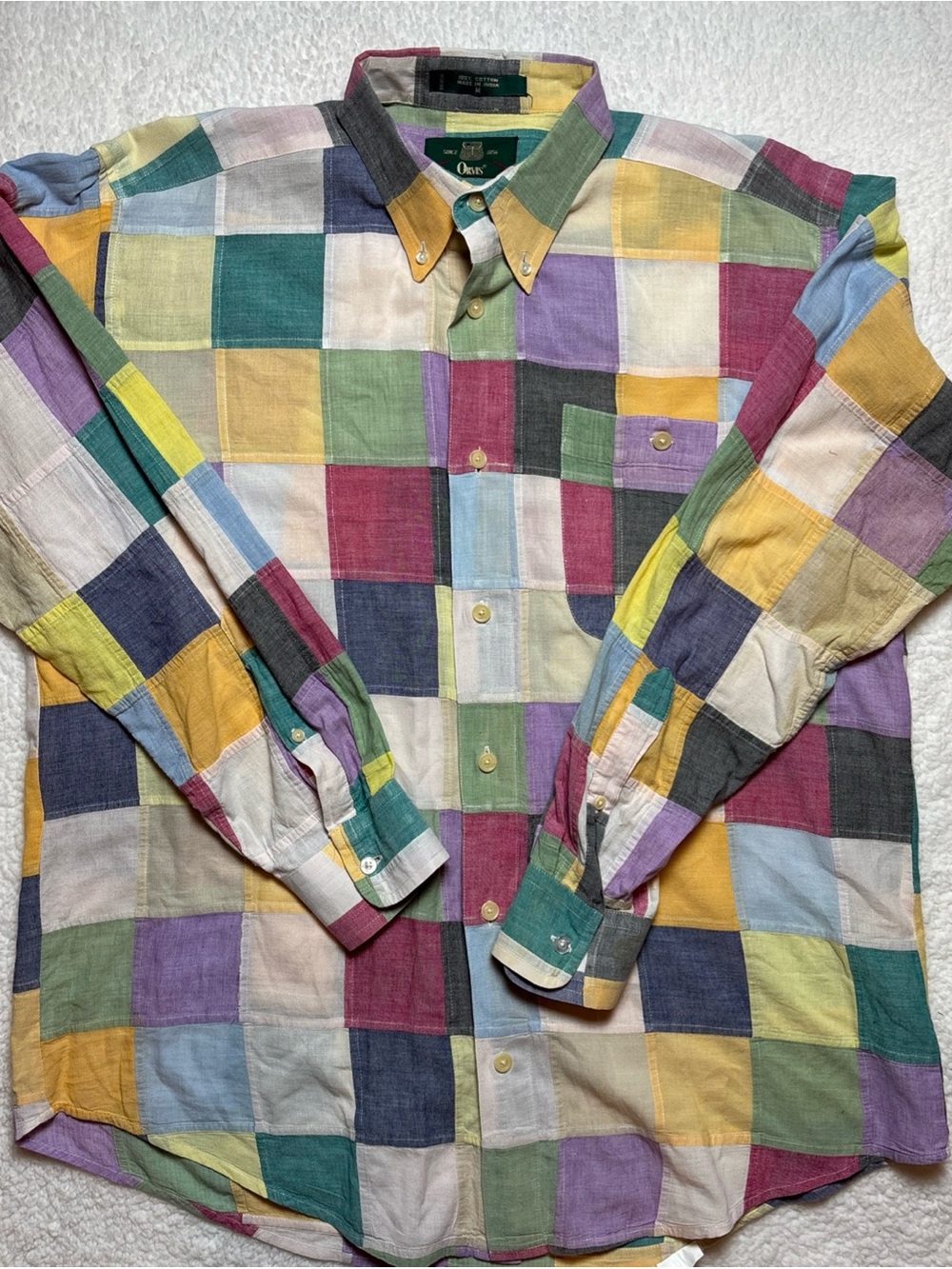 Vintage ORVIS Patchwork Button Shirt Size M 100% Cotton Pastel Madras Colorblock